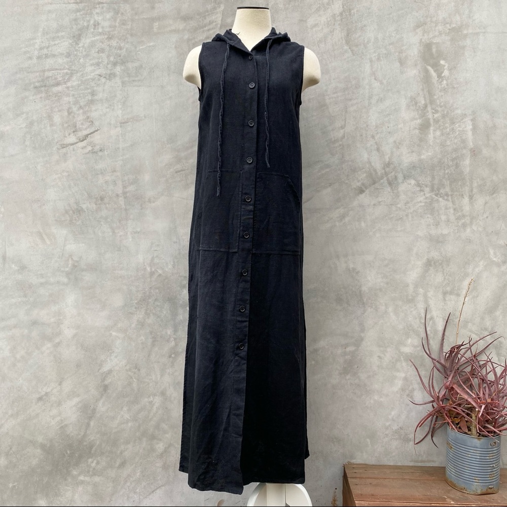Vintage Heavyweight Linen Hooded Tunic Maxi Dress